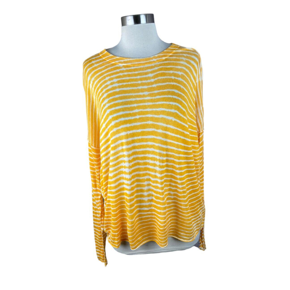 NSF Yellow White Soft Knit Modal Cashmere Long Sleeve Sweater Size Large